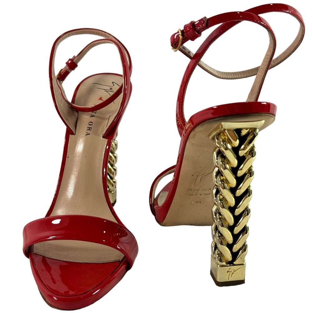 Giuseppe Zanotti Red Sandals with Gold Chain Heel - Picture 2 of 12